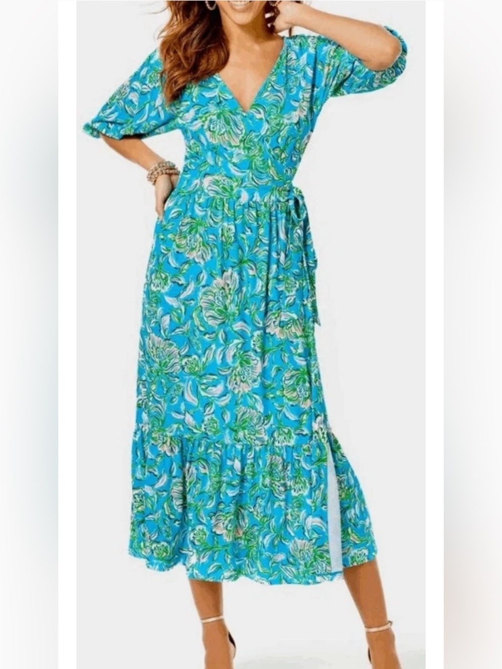 Lilly Pulitzer Turquoise & Green Floral Wrap Maxi Dress